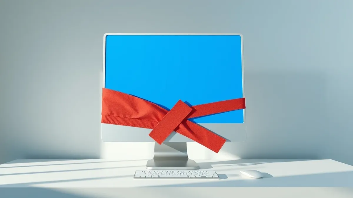 Illustration: A sleek silver desktop computer sits on a clean white desk with its monitor displaying a solid blue screen.