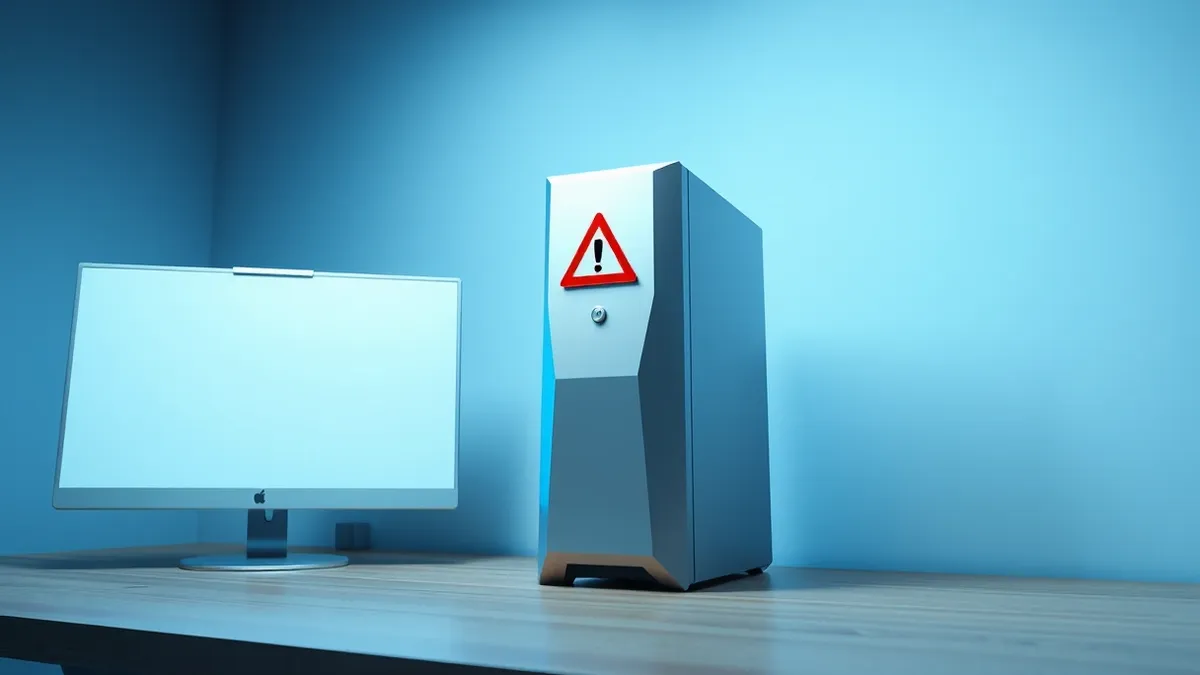 Illustration: A sleek, silver desktop computer tower sits on a minimalist wooden desk beside a blank monitor.
