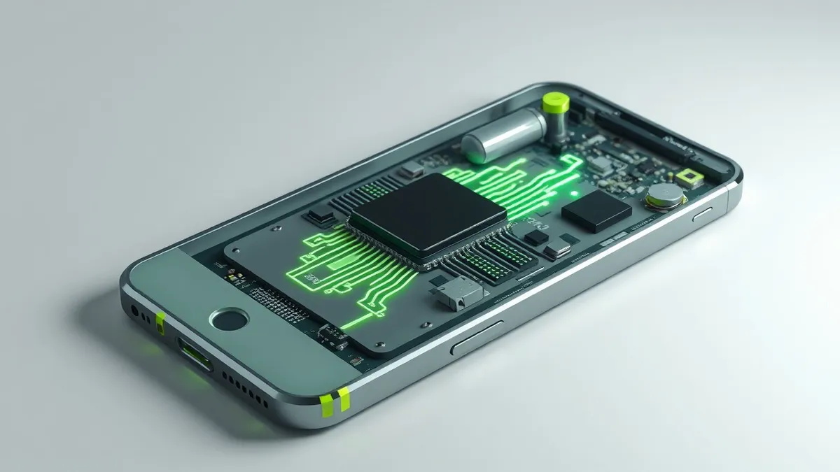 Illustration: A disassembled smartphone lies open on a white surface, exposing its internal circuit board.