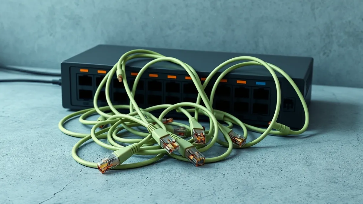 Illustration: A tangled nest of ethernet cables lies severed on a concrete floor, their copper ends frayed and exposed.