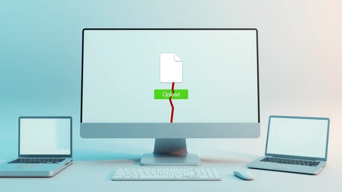 Illustration: A blank computer monitor displays a simple file upload window with a single document icon representing an office file.