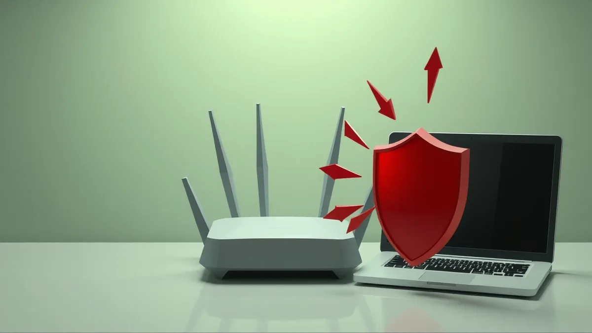 Illustration: A wireless router sits on a desk, emitting curved signal waves toward a laptop.