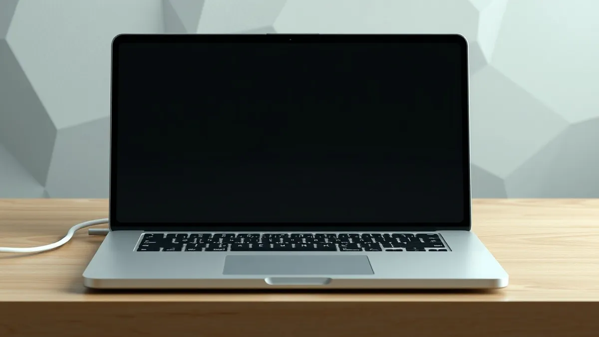 Illustration: A sleek silver laptop rests on a wooden desk, its lid open to reveal a thin bezel around a blank, matte-black display.