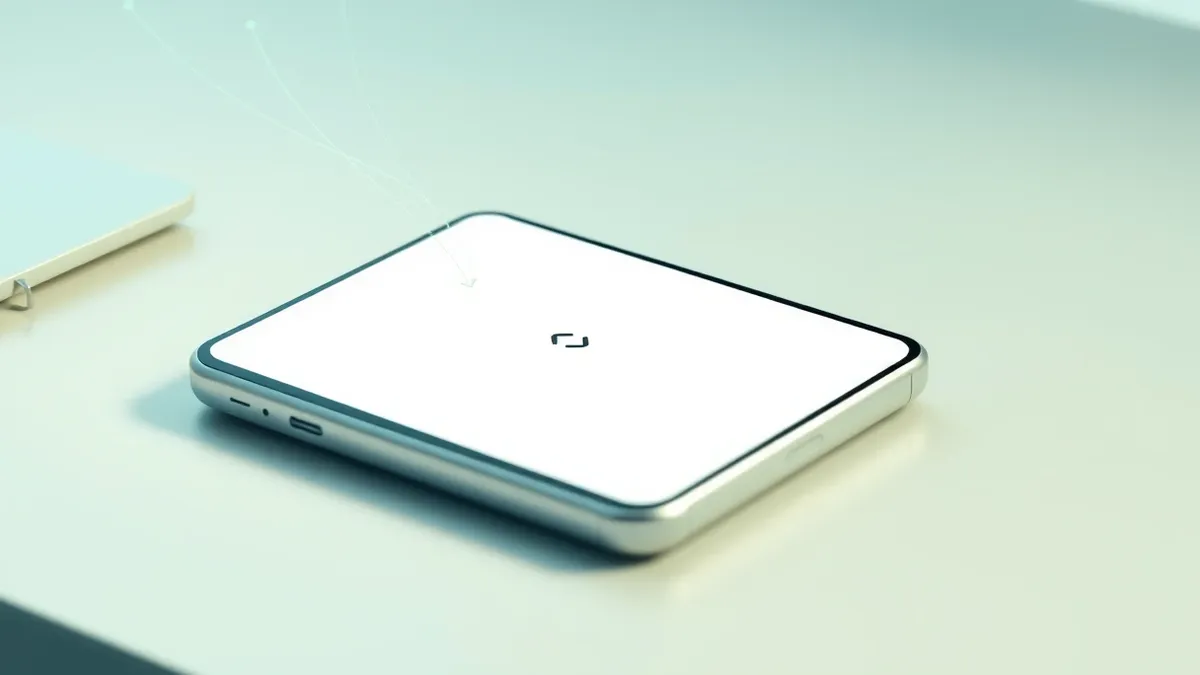 Illustration: A sleek smartphone lies flat on a wooden desk, its screen displaying a blank web browser window with a single curved arrow icon.