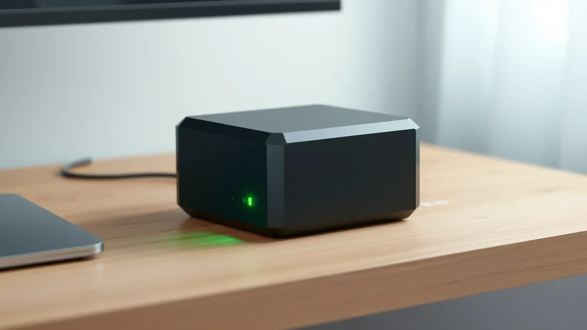 Illustration: A black network attached storage device sits on a wooden desk.