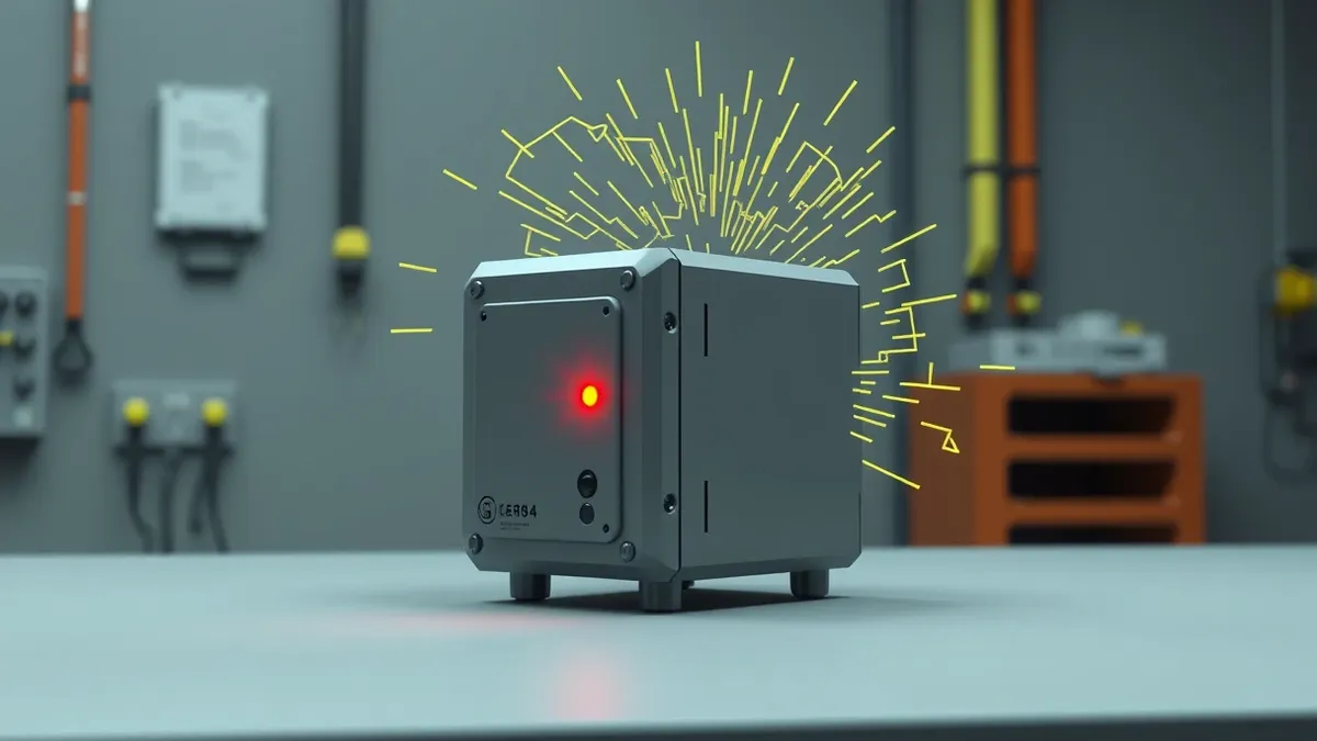 Illustration: A small metal industrial controller sits on a gray workbench, its single red status light pulsing erratically.