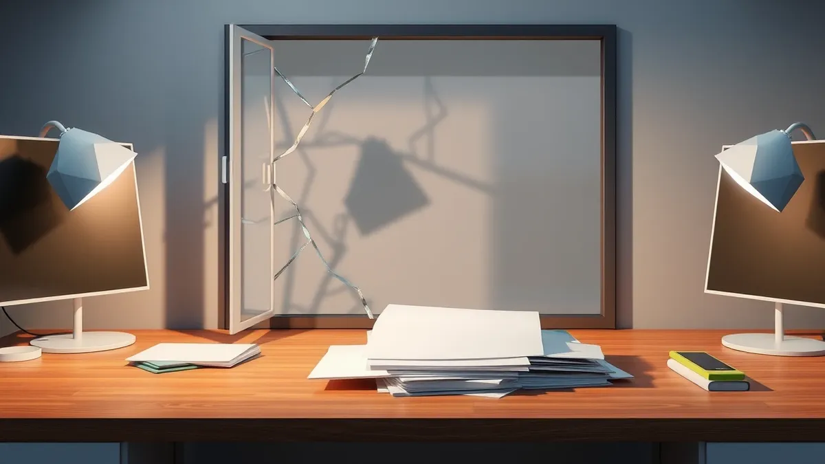 Illustration: A cracked window pane sits open on a modern office desk.