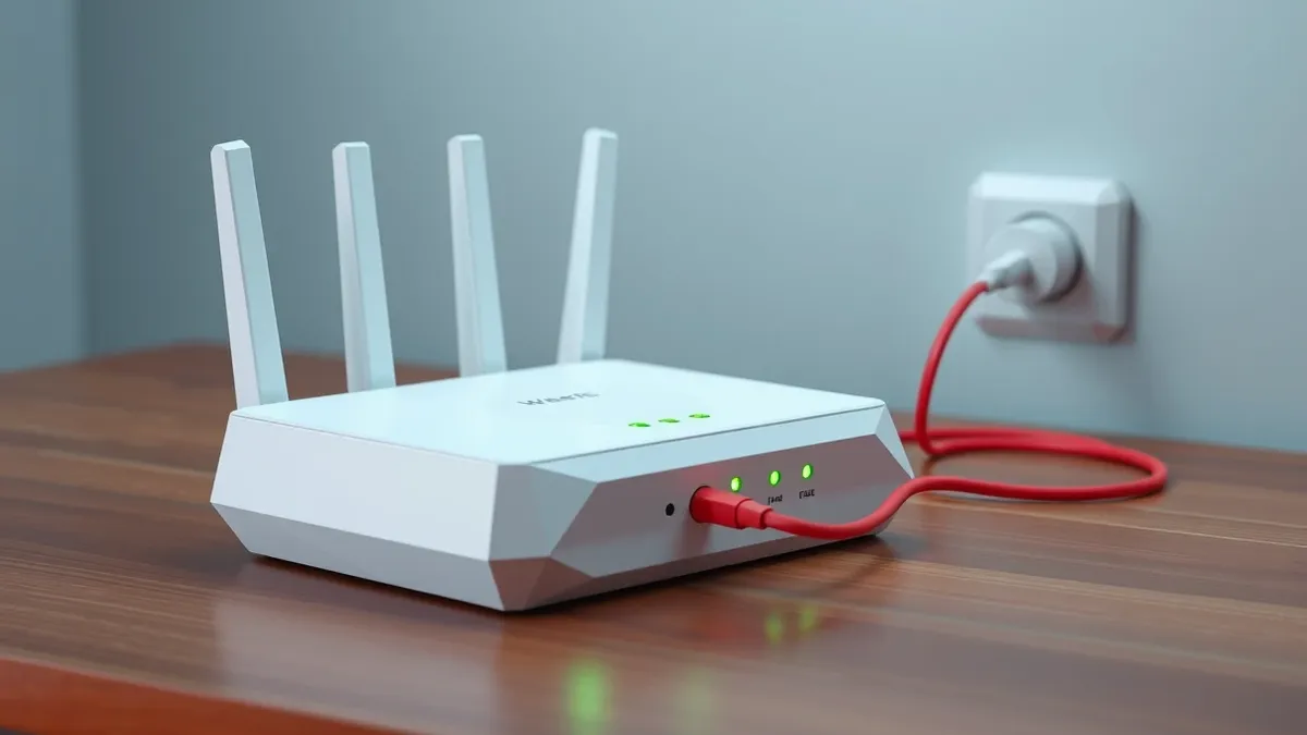 Illustration: A white home wireless router sits on a wooden table with its indicator lights glowing green.