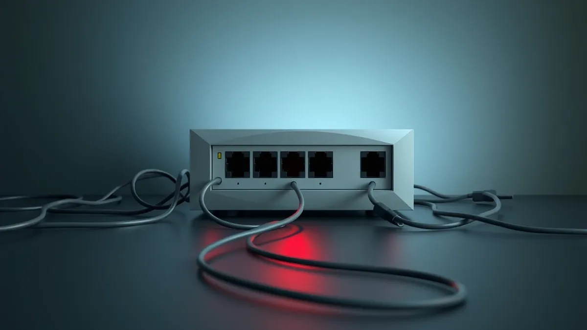 Illustration: A network gateway router sits exposed on a dark surface, its connection ports glowing with unstable red light.