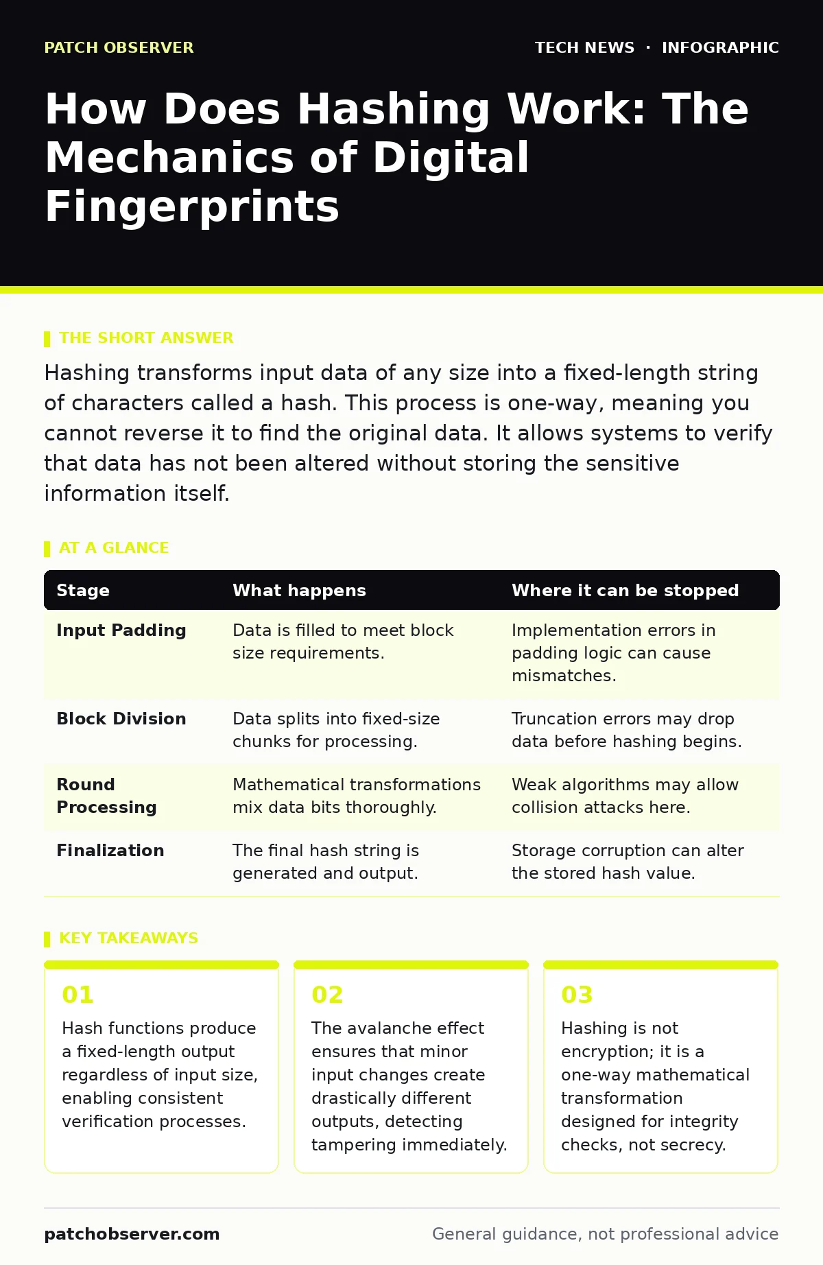 Infographic: How Does Hashing Work: The Mechanics of Digital Fingerprints. Hash functions produce a fixed-length output regardless of input size, enabling consistent verification processes. The avalanche effect ensures that minor input changes create drastically different outputs, detecting tamperin