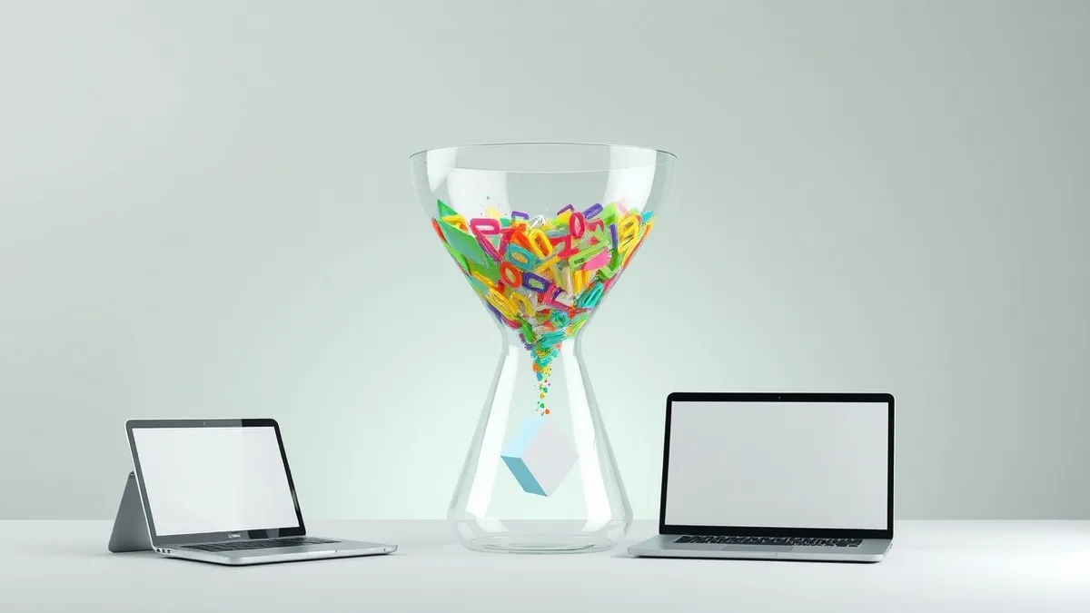 Illustration: A transparent glass funnel accepts a colorful stream of liquid data.