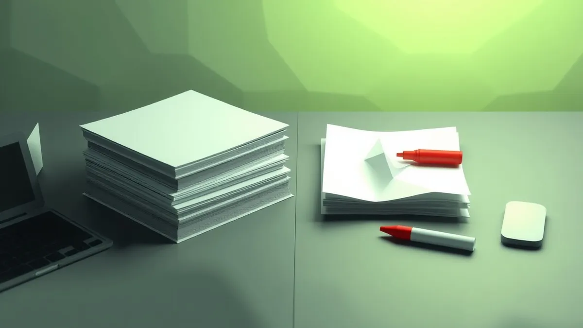 Illustration: A split desk surface contrasts a pristine stack of archived paper files on the left with a single crumpled document on the right.
