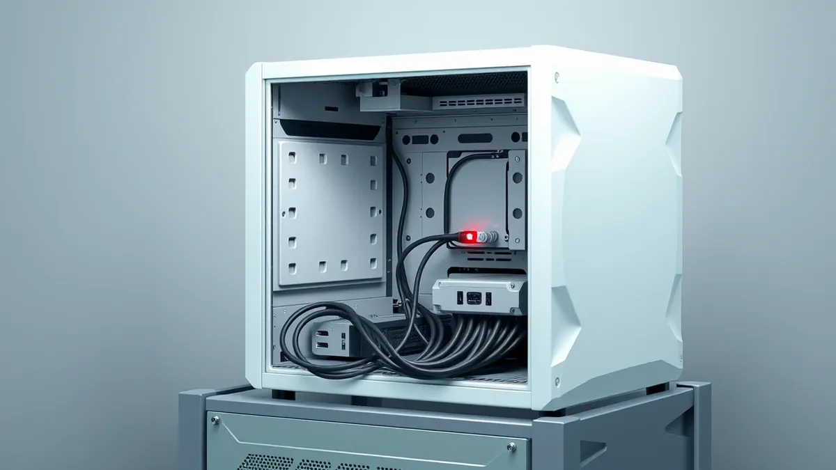 Illustration: A white server chassis sits on a metal rack with its front panel open, exposing empty drive bays and tangled cables.