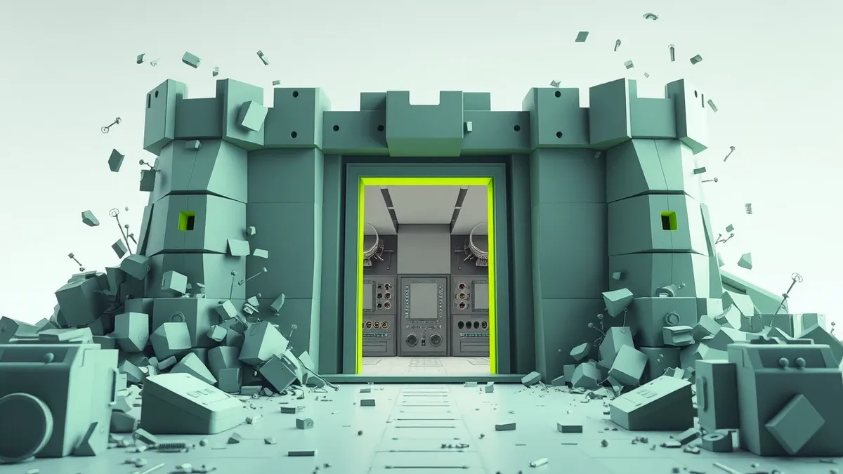 Illustration: A chaotic digital fortress crumbles as an invisible force bypasses its main gate.