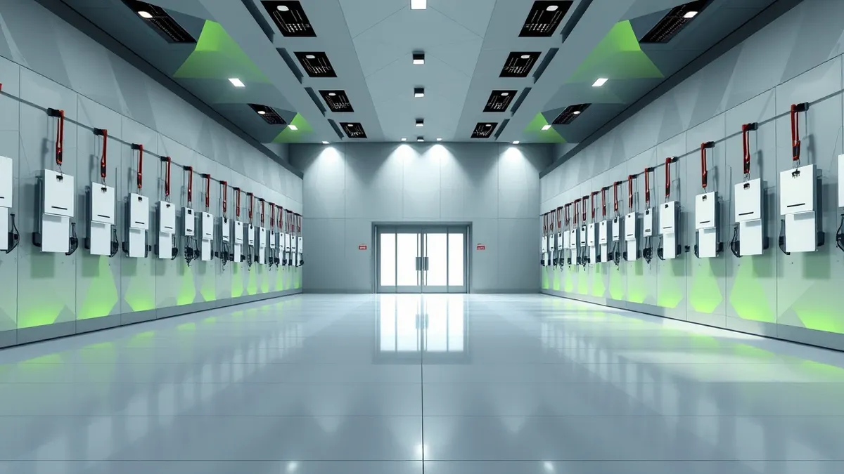 Illustration: A wide view of a large convention center entrance with a long line of empty registration badges hanging on a wall.