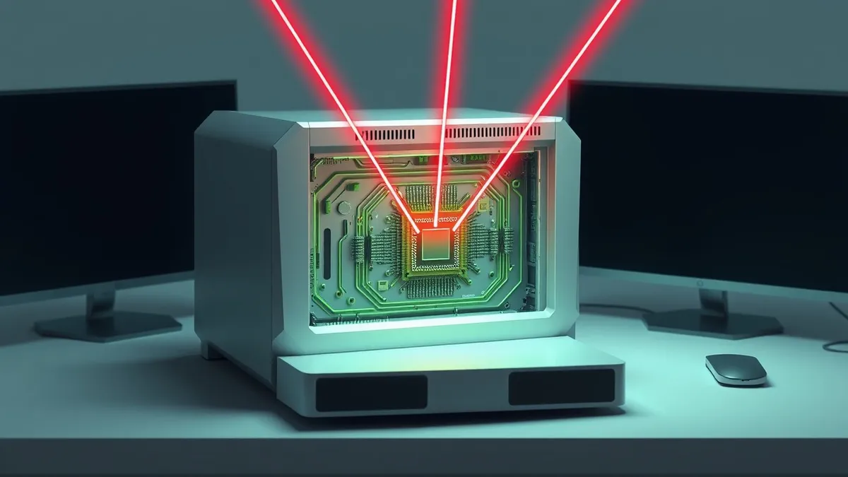 Illustration: A sleek silver server sits on a clean desk, its side panel removed to reveal intricate circuitry.