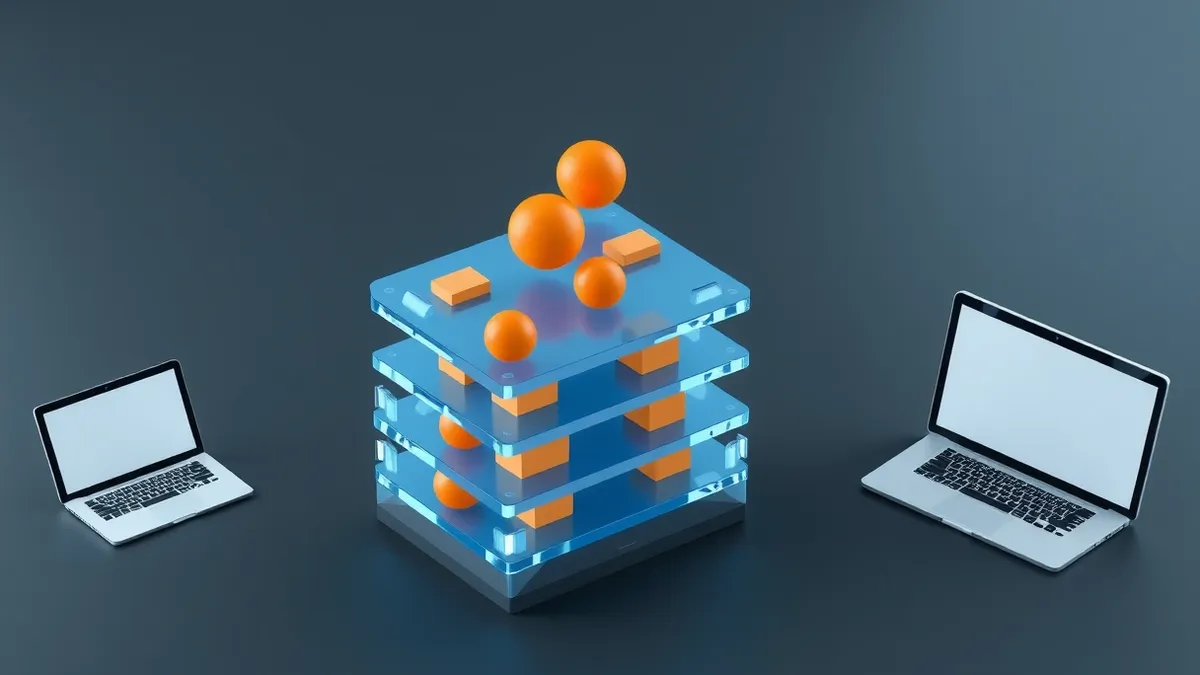 Illustration: A transparent vertical stack of flat geometric layers sits on a dark surface.