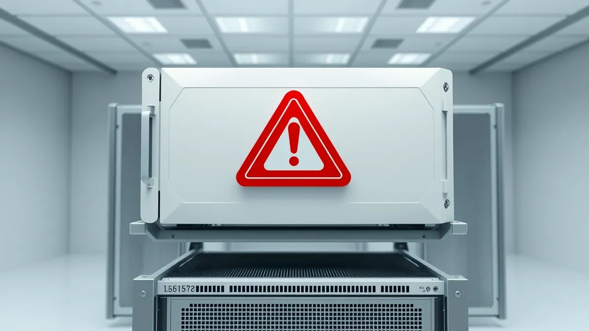 Illustration: A white server unit sits on a metal rack with its front panel removed, exposing empty circuit board slots.