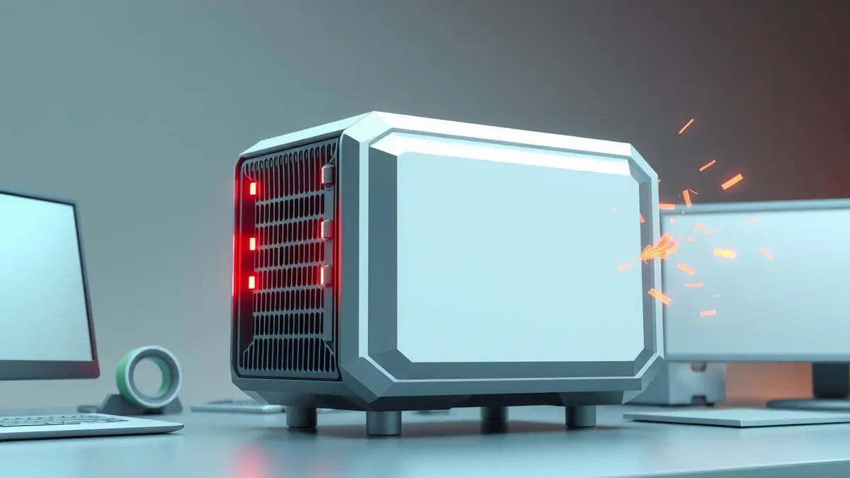 Illustration: A sleek metal server housing a web proxy sits on a desk.