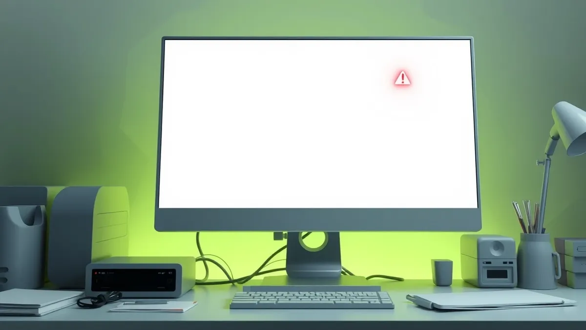 Illustration: A generic desktop computer monitor sits on a cluttered office desk, displaying a blank white software interface window.