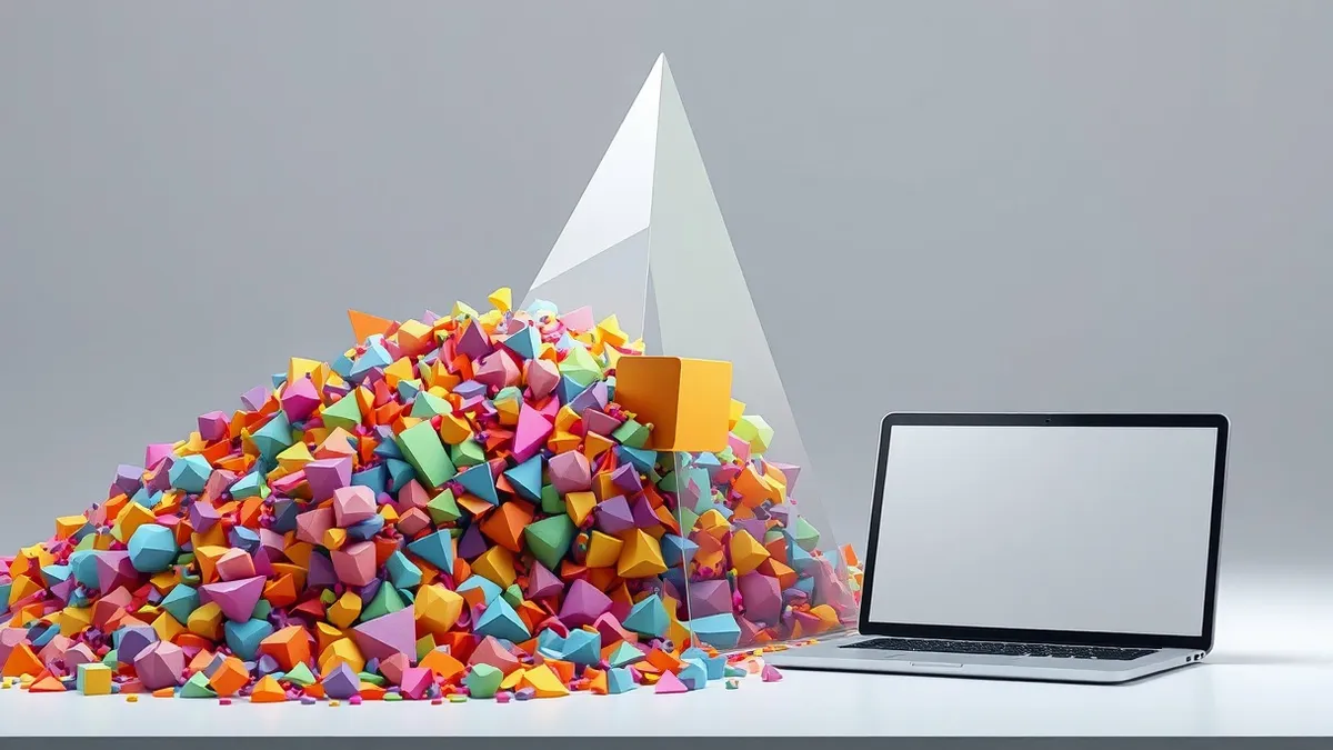 Illustration: A large, chaotic pile of colorful geometric shapes flows into a sleek, metallic prism.