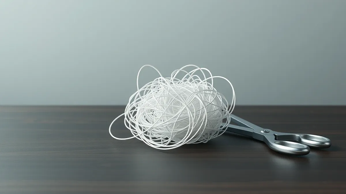 Illustration: A tangled knot of thin white threads sits on a dark wooden desk, representing complex query structures.