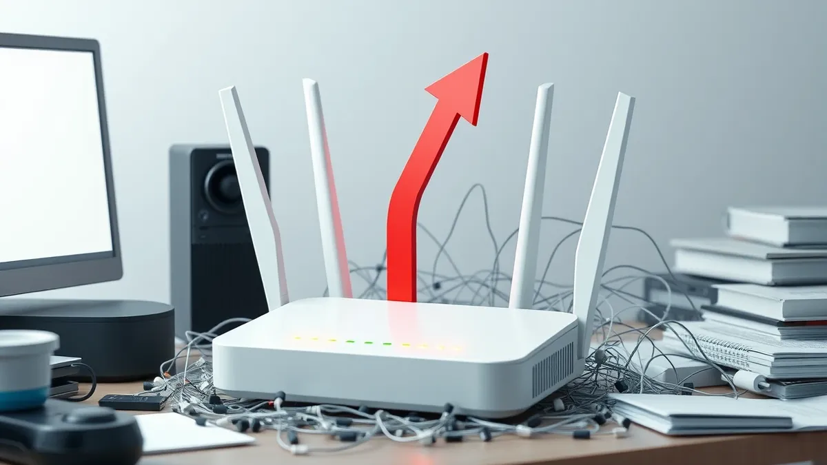 Illustration: A white wireless router sits on a cluttered desk, its status lights blinking erratically.
