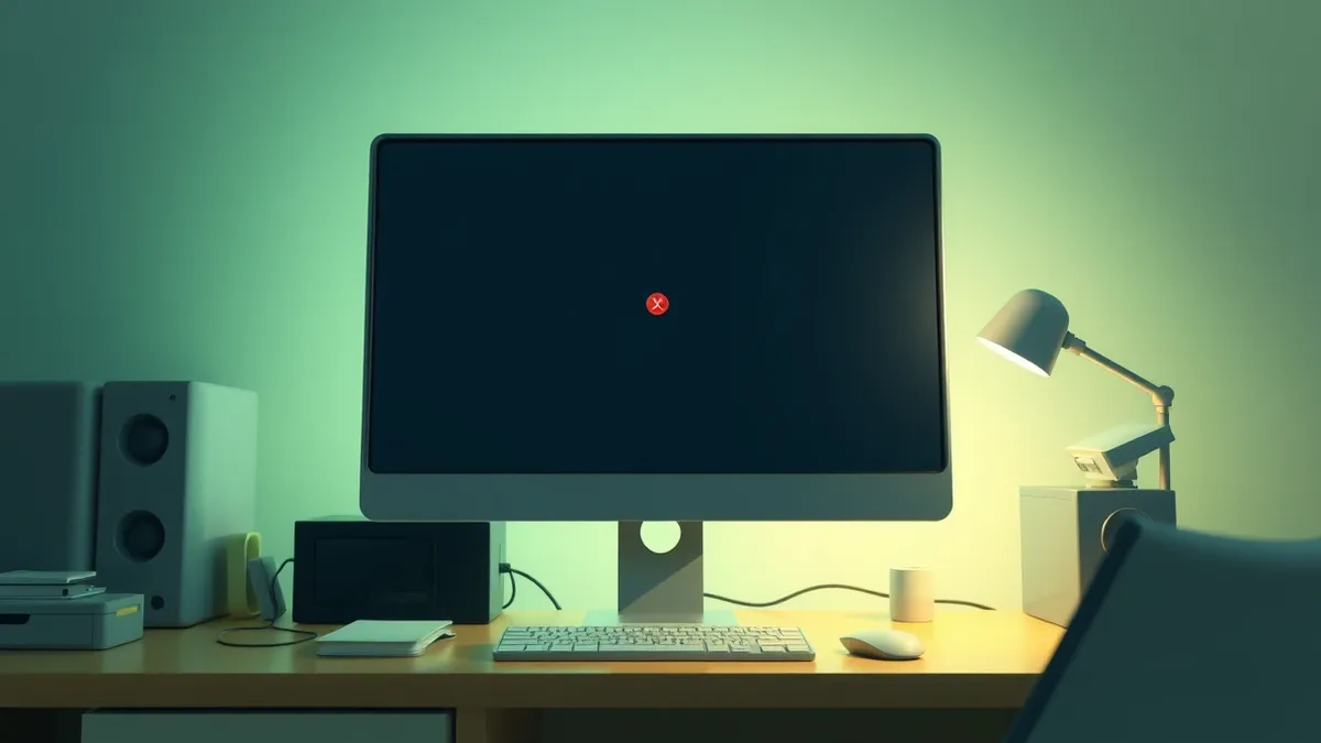 Illustration: A desktop computer monitor sits on a cluttered wooden desk, displaying a frozen remote desktop interface with a single red error icon in the center.