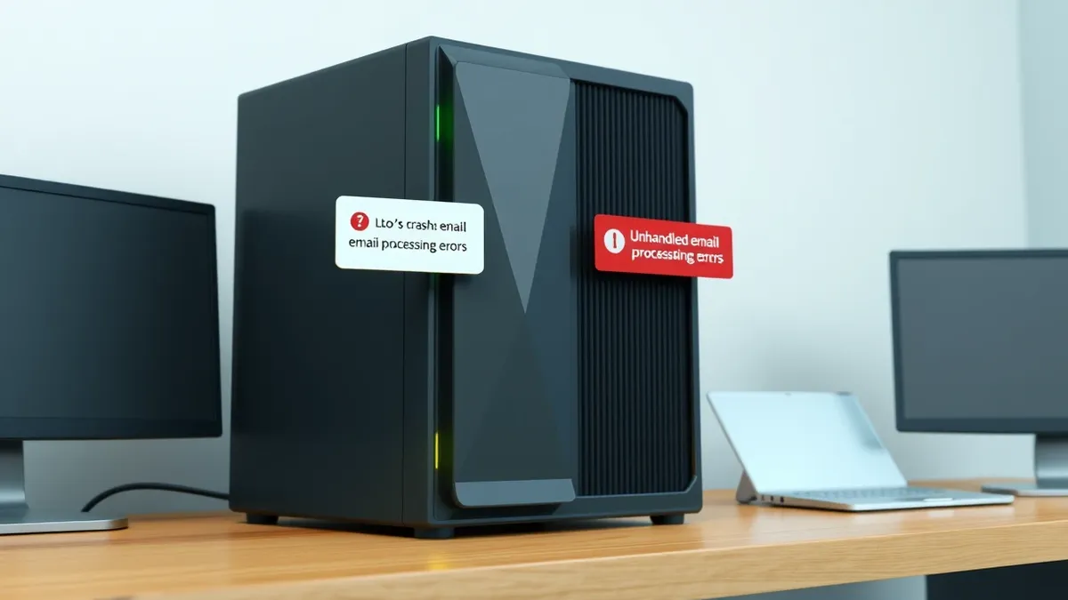 Illustration: A sleek black server tower sits on a wooden desk with its front panel lights flickering erratically.