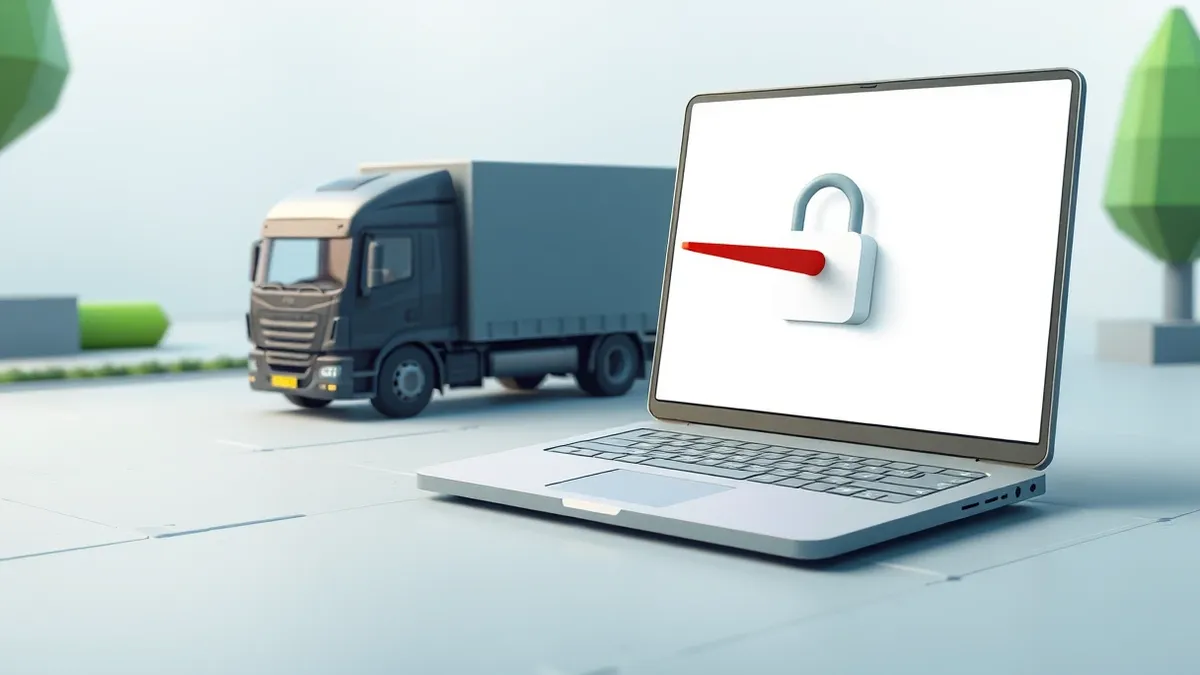 Illustration: A sleek black delivery truck sits beside an open laptop on a concrete driveway.