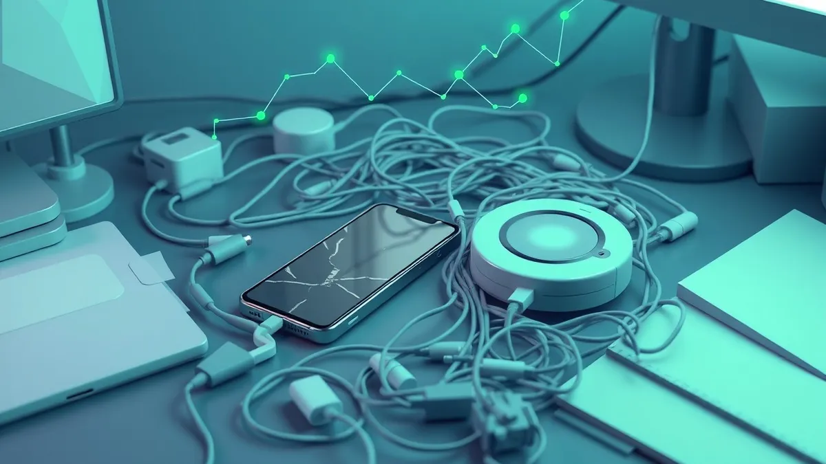 Illustration: A cracked smartphone lies next to a tangled mass of charging cables on a cluttered desk.