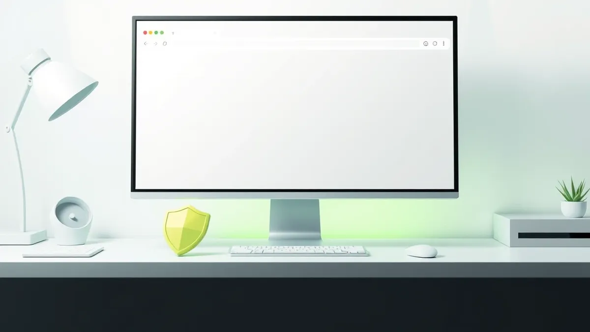 Illustration: A generic white computer monitor sits on a clean desk, displaying a blank web browser window with empty tabs.