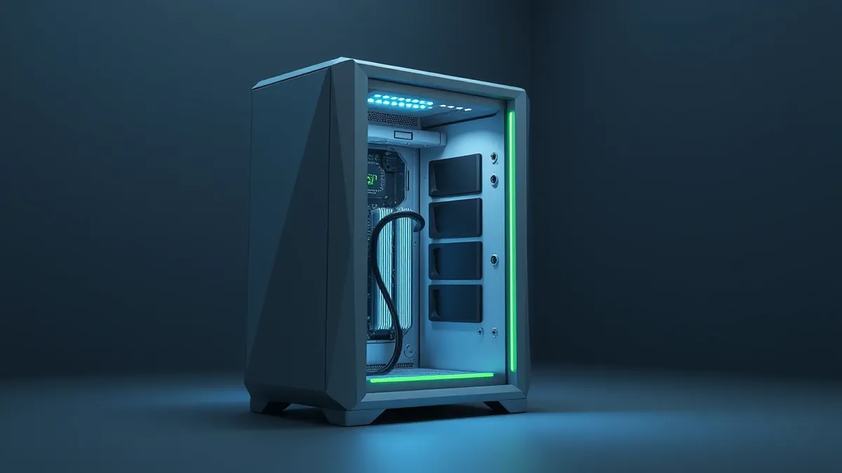 Illustration: A sleek silver server tower sits open in a dark room, its interior glowing with faint blue light.