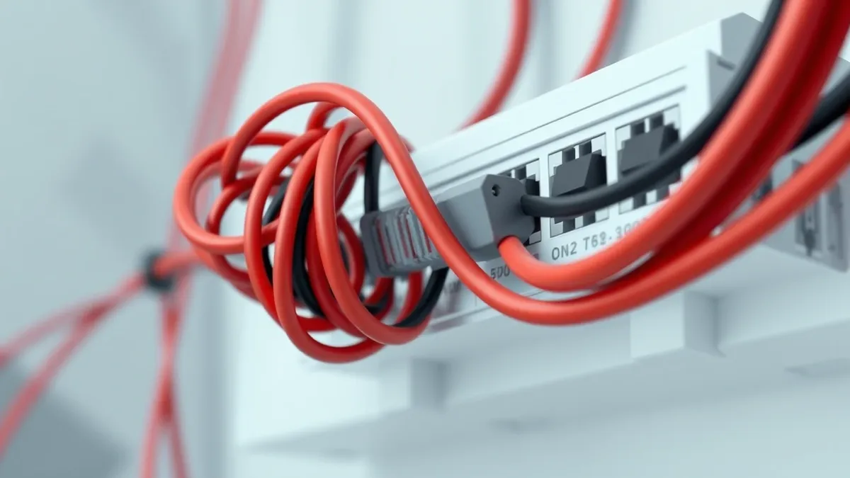 Illustration: A tangled knot of thick red and black cables connects to a single open port on a white network switch.