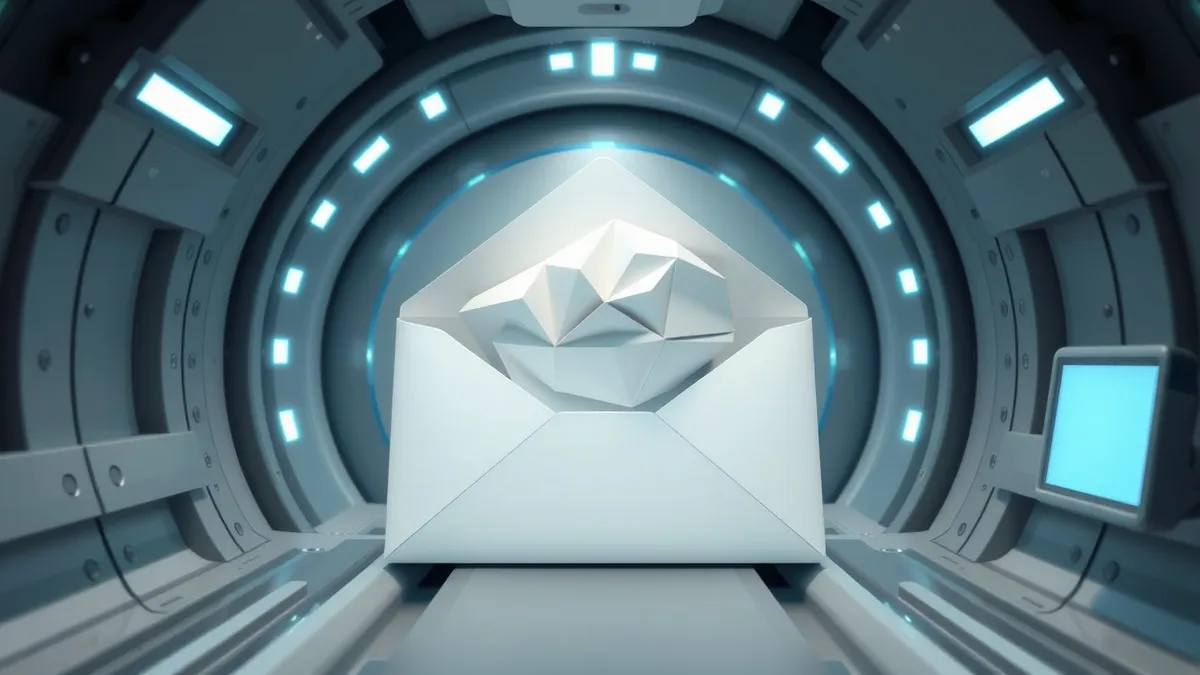 Illustration: A white envelope slides through a mechanical inspection tunnel, its sealed flap peeling open to reveal shifting, abstract geometric shapes instead of paper.