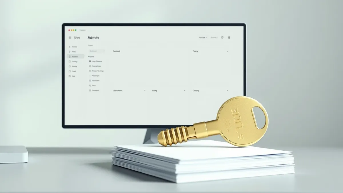 Illustration: A blank computer monitor sits on a desk, displaying a generic admin dashboard layout with empty panels.
