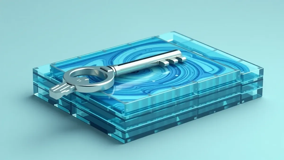 Illustration: A silver metal key rests on a stack of transparent glass slides arranged in a neat row.