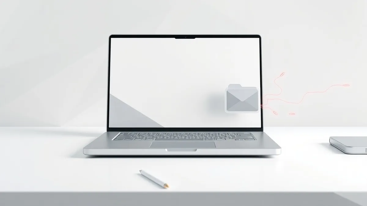 Illustration: A sleek silver laptop sits on a clean white desk, displaying a blank code editor interface with abstract gray shapes.