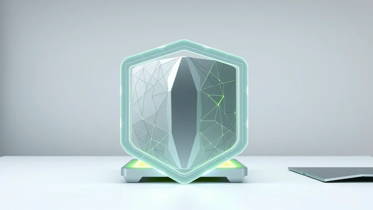 Illustration: A sleek, metallic server node sits on a clean white desk, its surface etched with intricate geometric patterns resembling quantum circuitry.