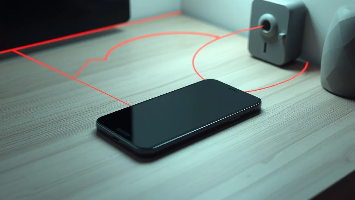 Illustration: A black smartphone rests on a wooden desk, emitting faint, jagged red lines that stretch outward toward a distant smart lock.