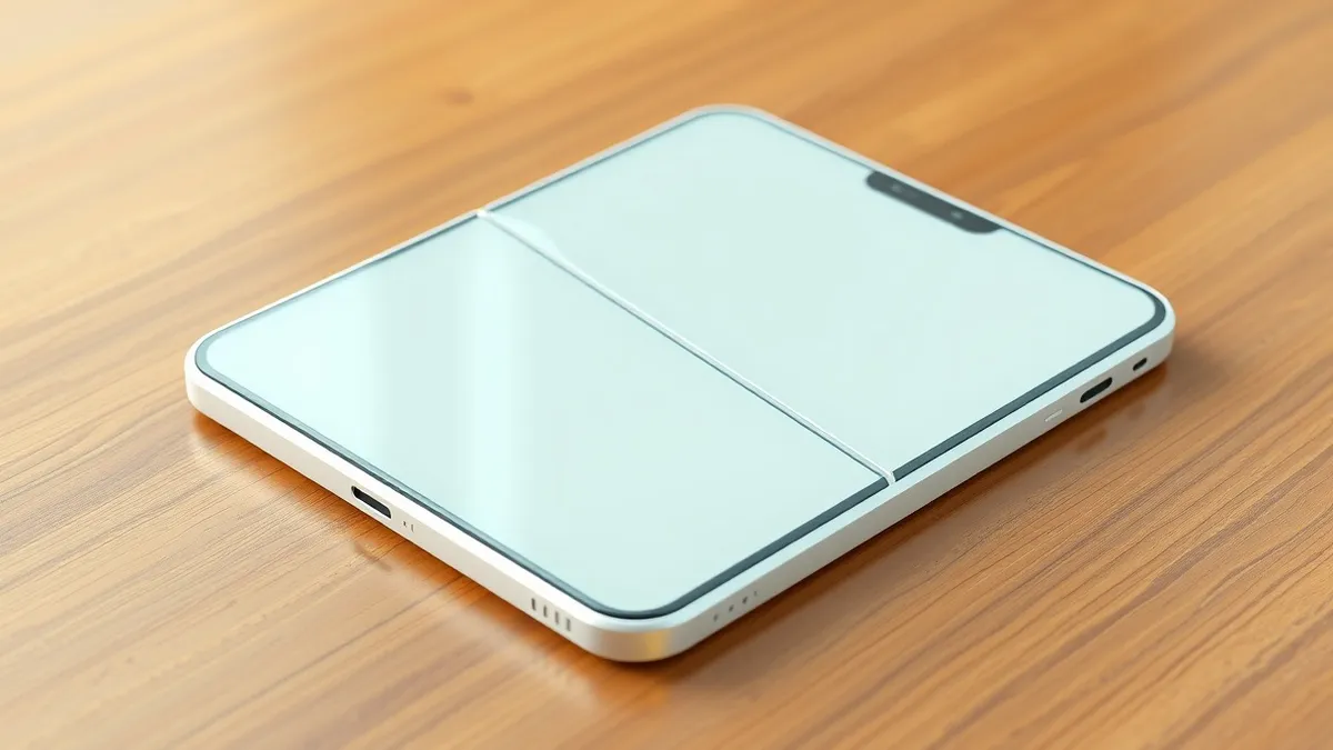 Illustration: A sleek white smartphone with a sharp vertical hinge rests on a polished wooden desk.