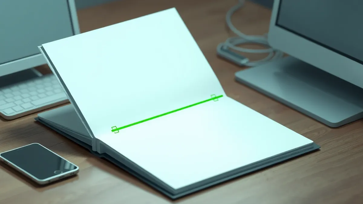 Illustration: An open binder rests on a wooden desk, displaying a long horizontal timeline with evenly spaced checkmarks connected by a solid green line, illustrating continuous ve