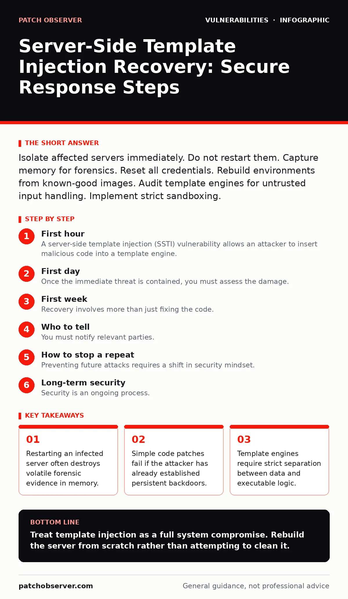 Infographic: Server-Side Template Injection Recovery: Secure Response Steps. Restarting an infected server often destroys volatile forensic evidence in memory. Simple code patches fail if the attacker has already established persistent backdoors. Template engines require strict separation between da