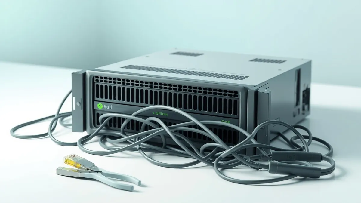 Illustration: A generic server blade sits isolated on a clean white desk, surrounded by tangled Ethernet cables cut with wire cutters.