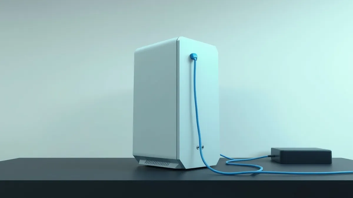 Illustration: A sleek server tower sits on a dark desk, its front panel blank and smooth.