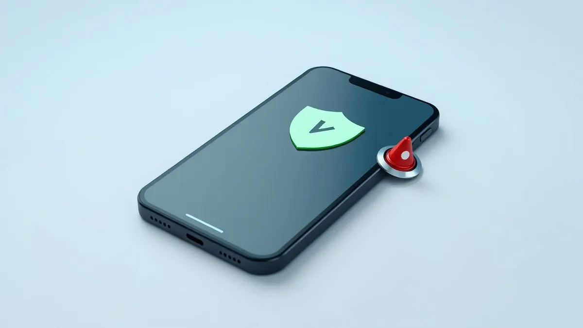Illustration: A sleek black smartphone rests on a clean white desk, its screen displaying a simple shield icon with a checkmark.