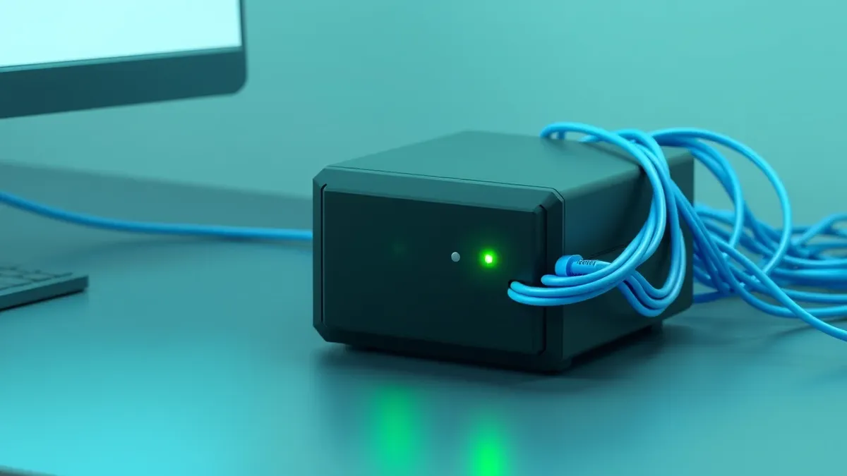 Illustration: A small, sleek black server box sits on a gray metal desk, its front panel displaying a single steady green light.