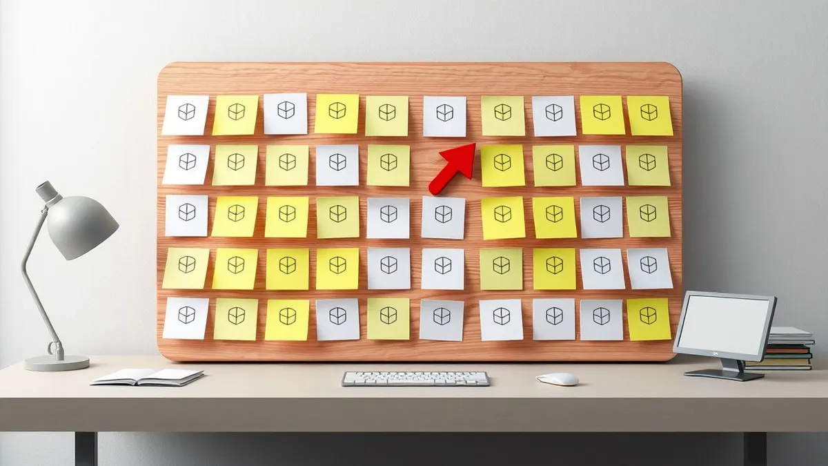 Illustration: A large wooden board covered with colorful sticky notes sits on a clean desk.