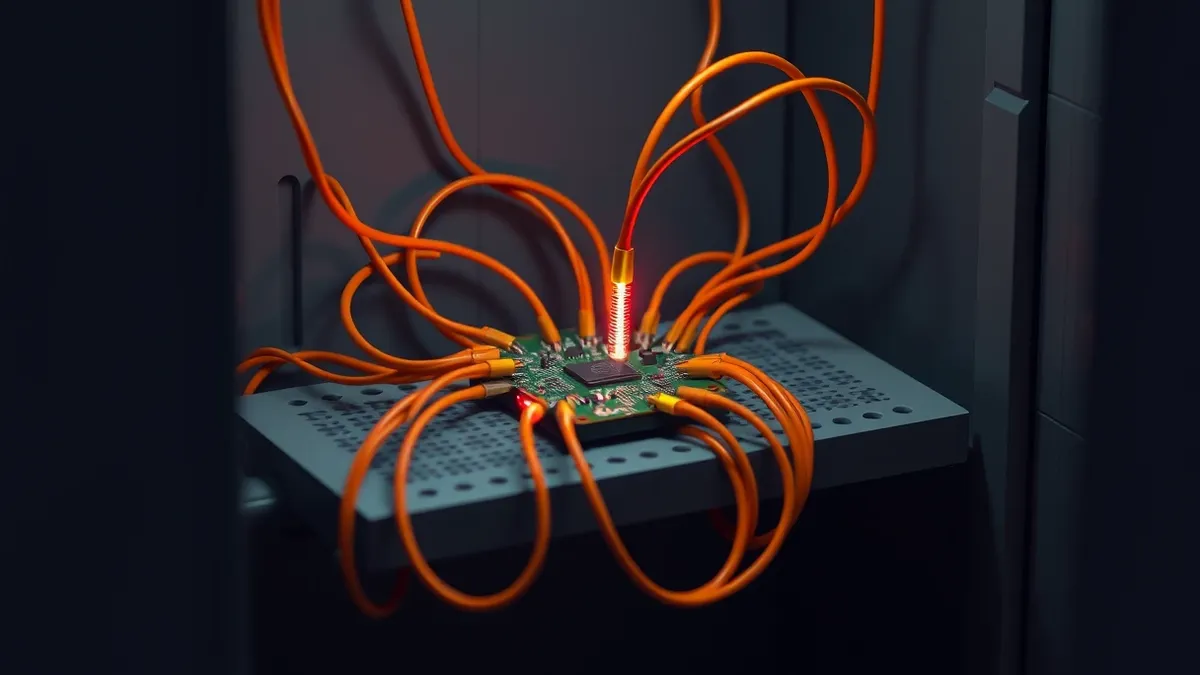 Illustration: A chaotic tangle of glowing orange cables connects to a small, exposed circuit board resting on a metal server shelf.
