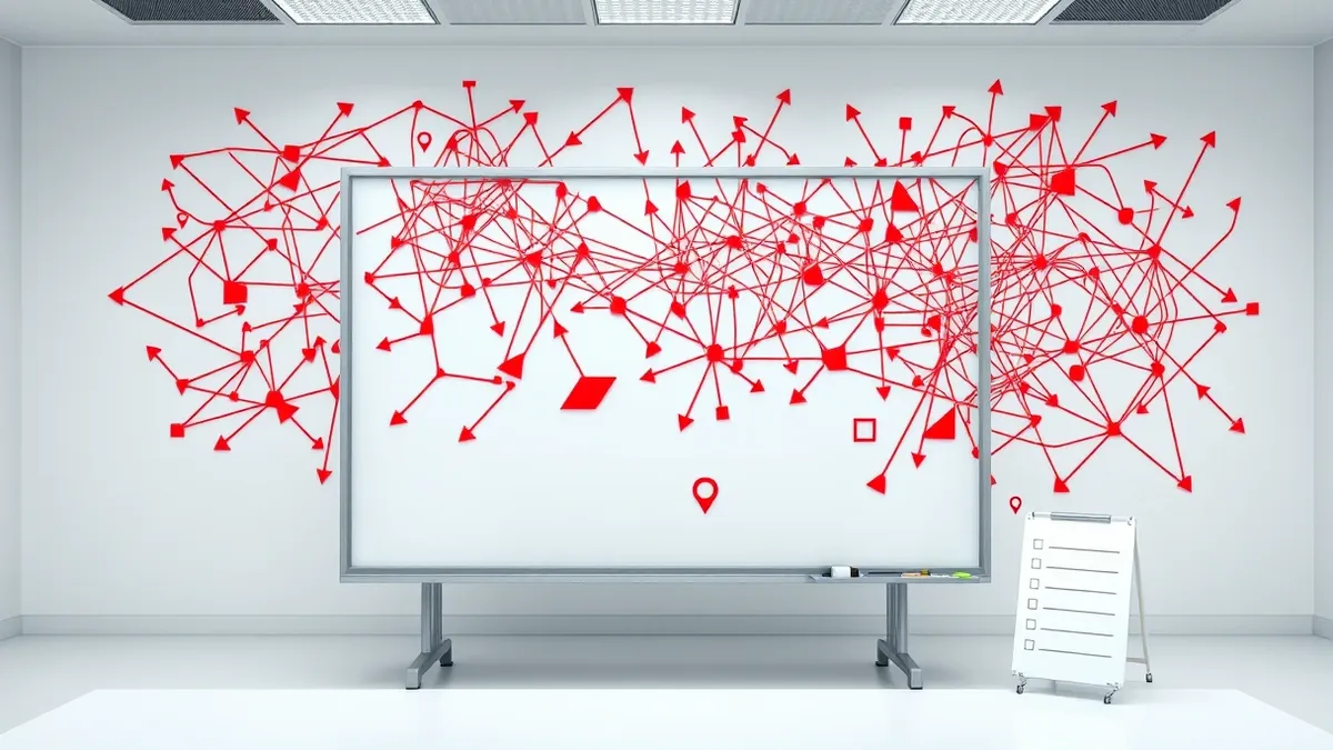 Illustration: A whiteboard covered in a dense, chaotic web of red warning lines and tangled arrows sits in a sterile, empty office.